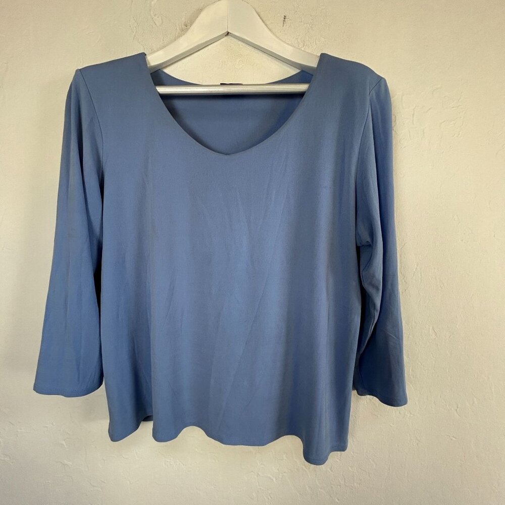 Eileen Fisher Womens V-Neck 3/4 Sleeve Top Blue Relaxed Fit Casual Lightweight